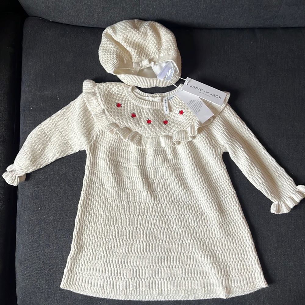 NWT Janie and Jack Sweater Dress and Hat, 12-18 months